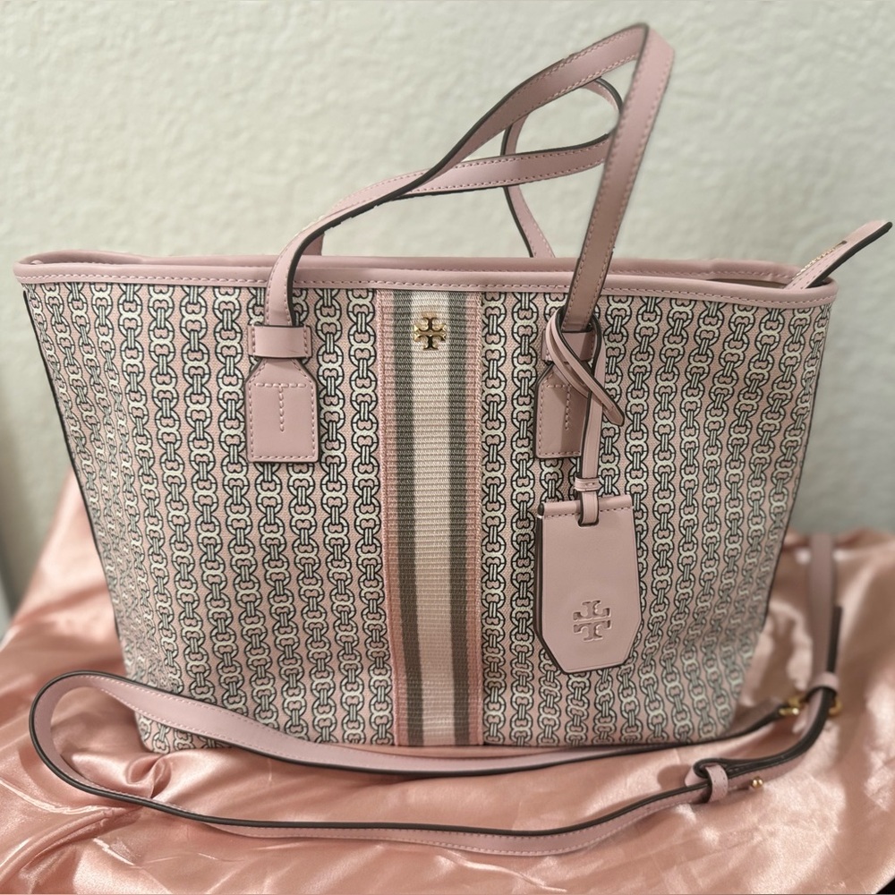 Tory Burch Pink Patterned Tote Handbag with Stripe Accent and cross body strap - Picture 13 of 13